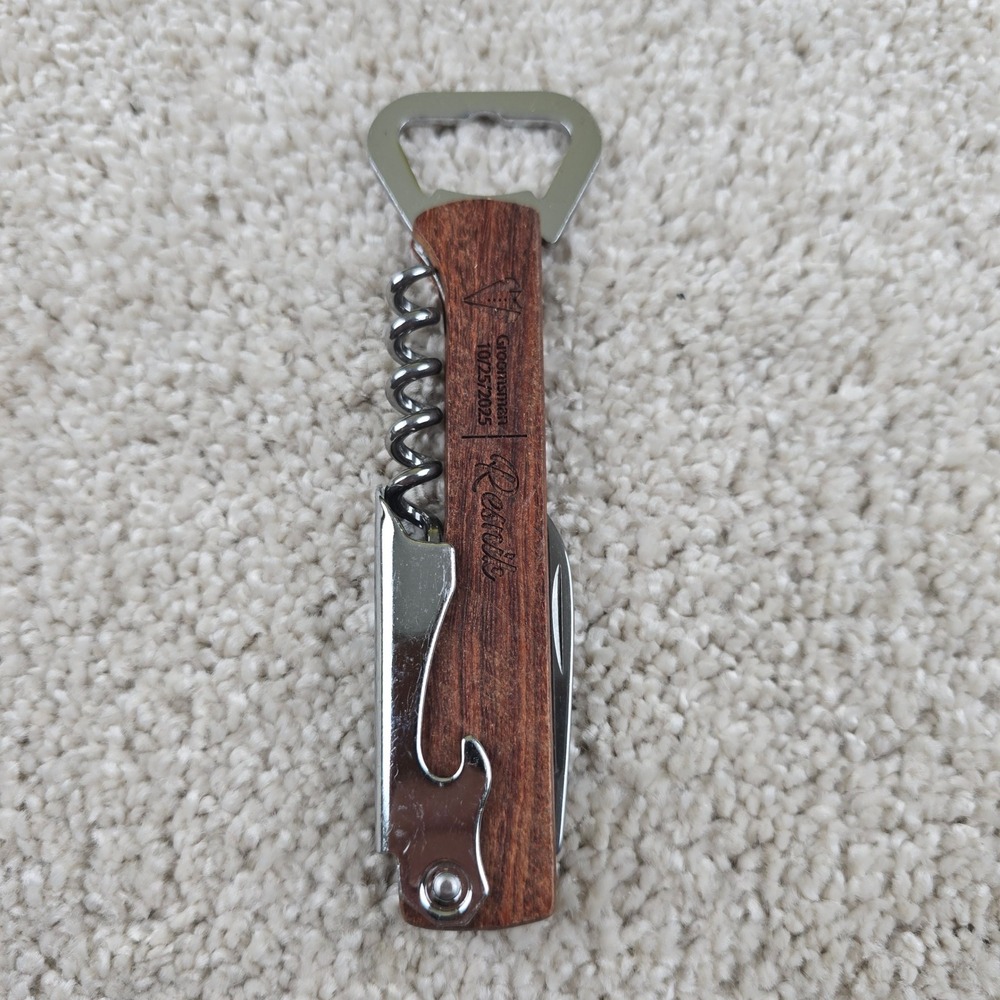 Wedding .01Wine Opener Brown Wood Handle Groomsman Engraved Multi-Tool Corkscrew
